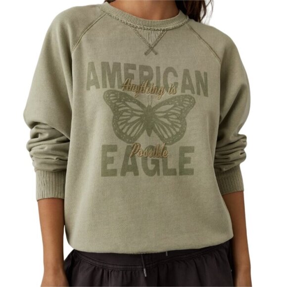 American Eagle Funday Graphic Sweatshirt Soft Fleece Crew Green Butterfly XS - Picture 1 of 13